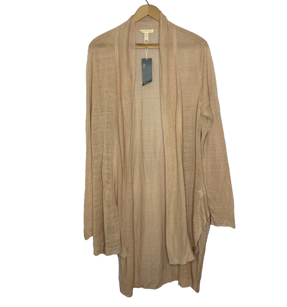 Women's Large Eileen Fisher Shawl Collar Linen Blend Dune Orange Cardigan NEW